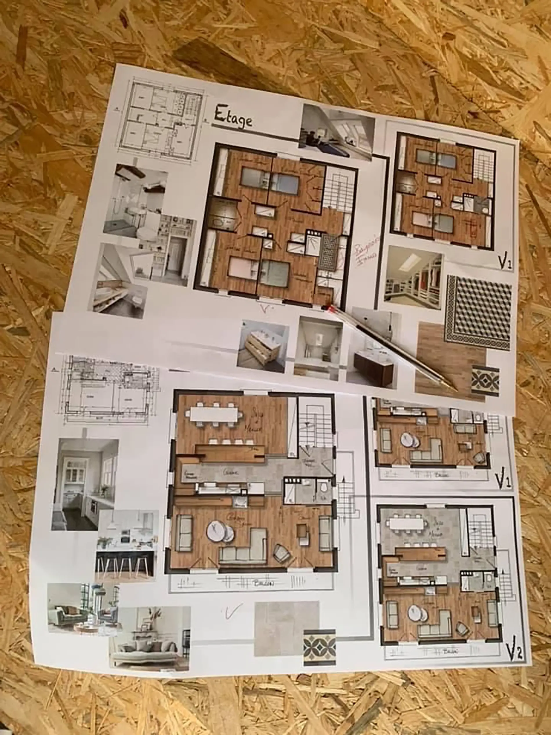 Plan d'étage avec planche de tendances et idées d'aménagement intérieur